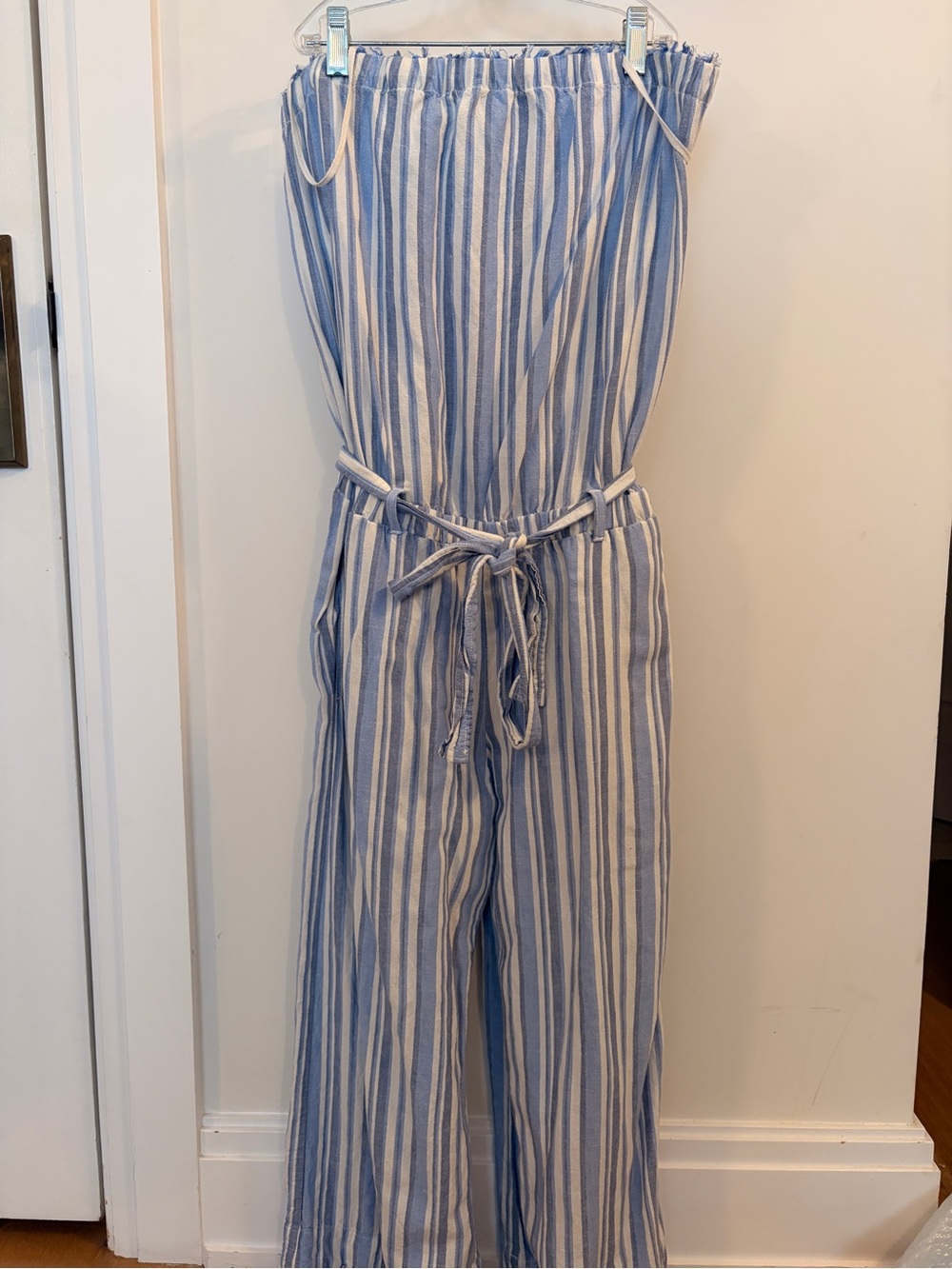 Striped Blue and White Strapless Jumpsuit